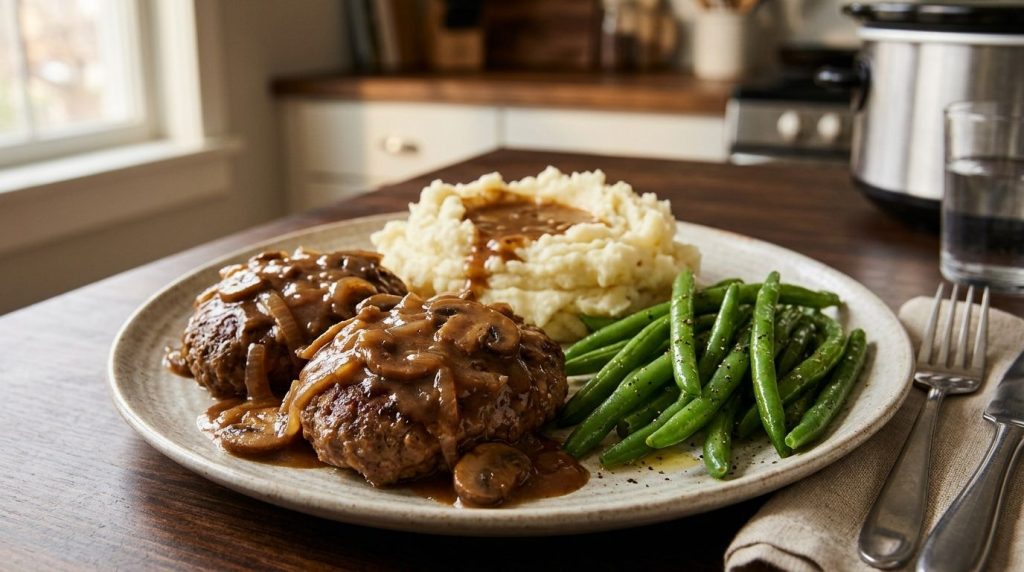 A plate of slow cooker Salisbury steak with mashed potatoes and green beans showcasing a complete satisfying meal