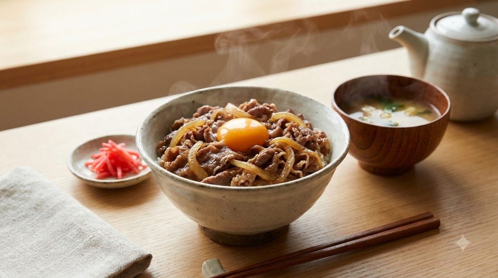 A beautifully arranged Japanese-style beef rice bowl Gyudon on a table setting accompanied by a small bowl of miso soup