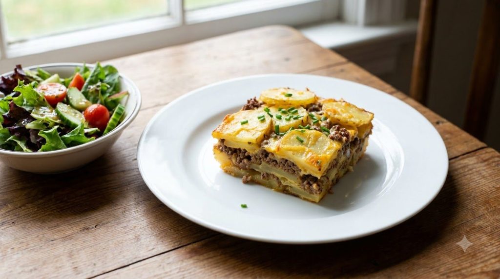 A slice of baked potato and beef casserole on a white plate garnished with fresh chives next to a small side salad