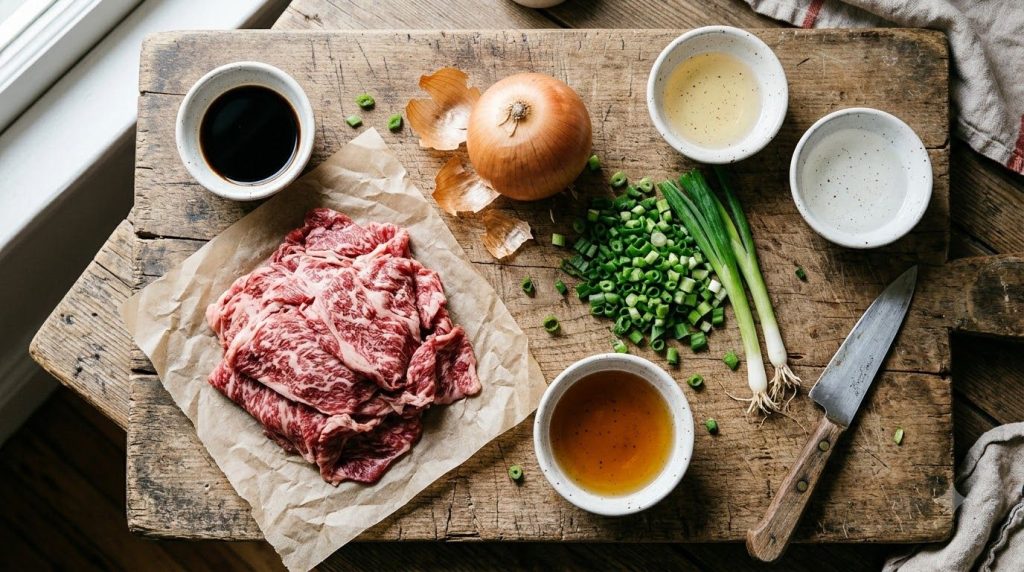 Various fresh ingredients for Gyudon laid out on a wooden cutting board thinly sliced raw beef a whole yellow onion gree