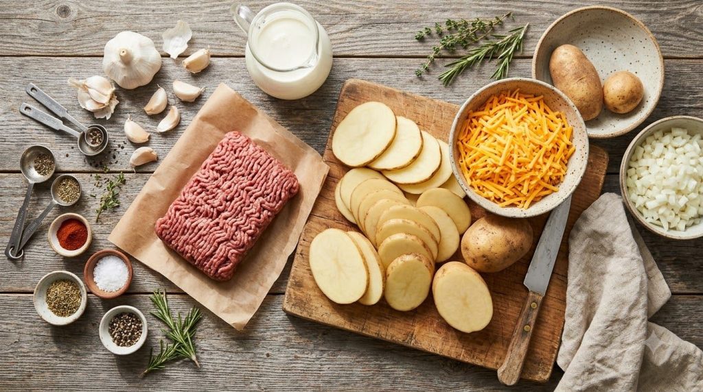 Ingredients for baked potato and beef casserole laid out on a wooden counter ground beef sliced potatoes shredded cheese