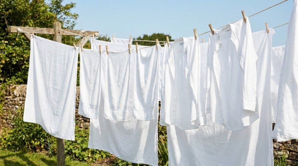 Ropa blanca limpia y sin manchas colgada en un tendedero al sol luciendo fresca y brillante