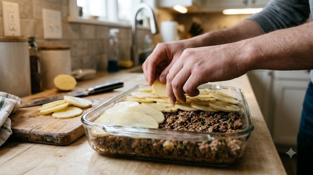 A pair of hands layering sliced potatoes over seasoned ground beef in a rectangular baking dish ready for the oven