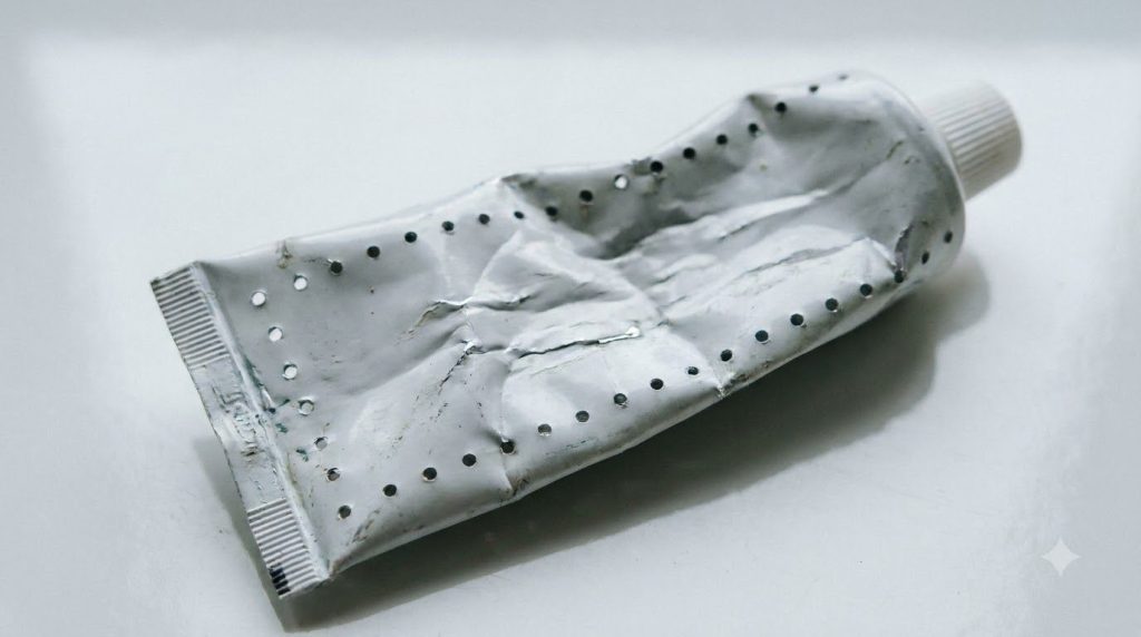 Close-up of an empty toothpaste tube with small holes cut into it