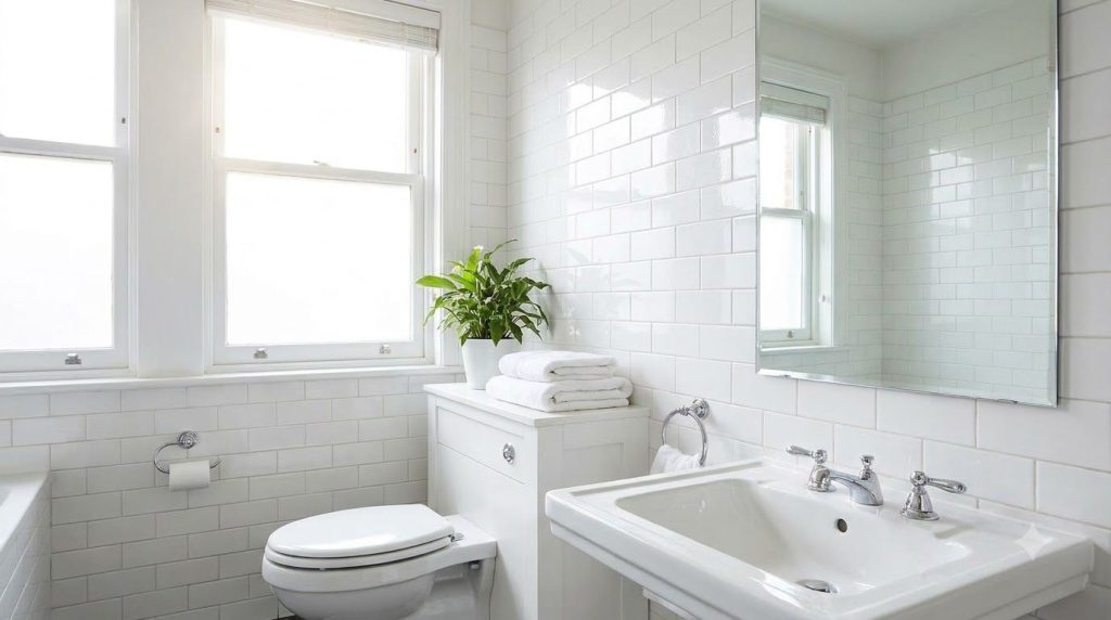 Un baño recién limpiado con superficies brillantes y relucientes incluyendo azulejos blancos y una base de inodoro limpi