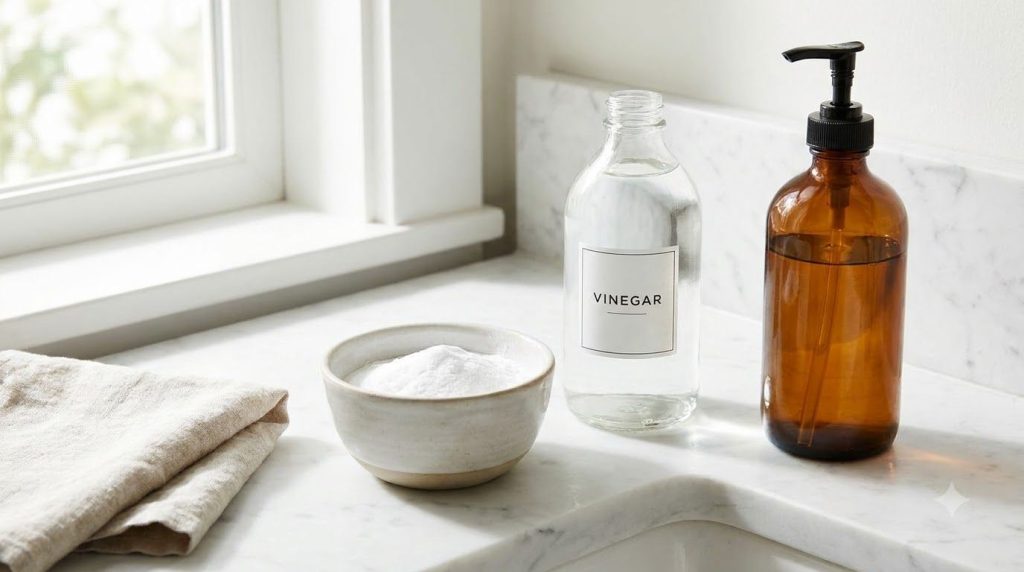 Ingredientes básicos para una solución de limpieza DIY bicarbonato de sodio vinagre blanco y jabón para platos dispuesto