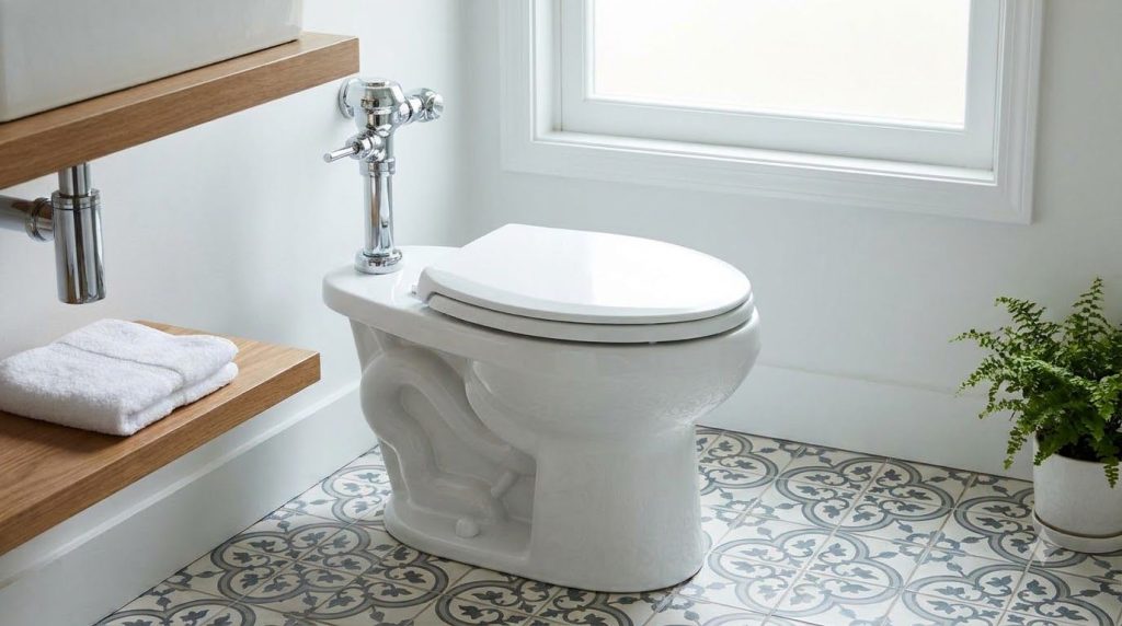 A sparkling clean toilet and bathroom floor after cleaning with a homemade solution highlighting the contrast from dirty