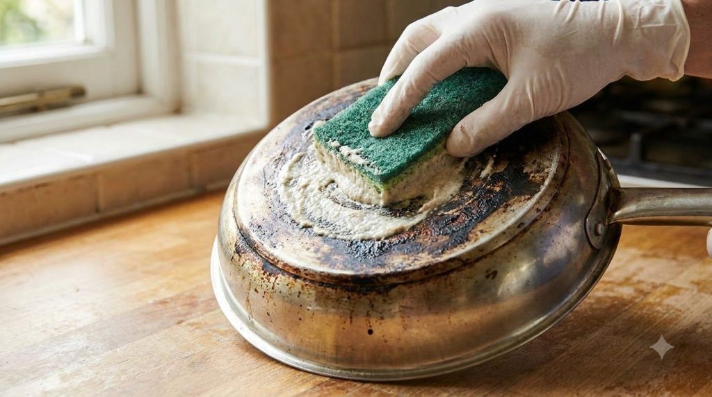A thick cleaning paste being applied with a sponge to the burnt bottom of a stainless steel pan covering the dark stains