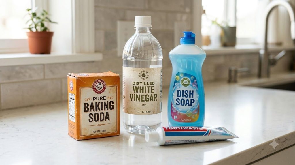 Individual ingredients for the DIY cleaner a box of baking soda a bottle of white vinegar a bottle of dish soap and a tu