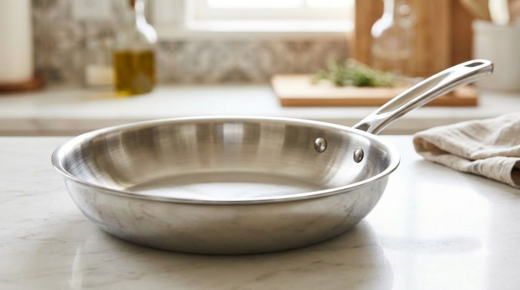 A gleaming clean stainless steel pan on a kitchen counter reflecting light with no visible burnt stains