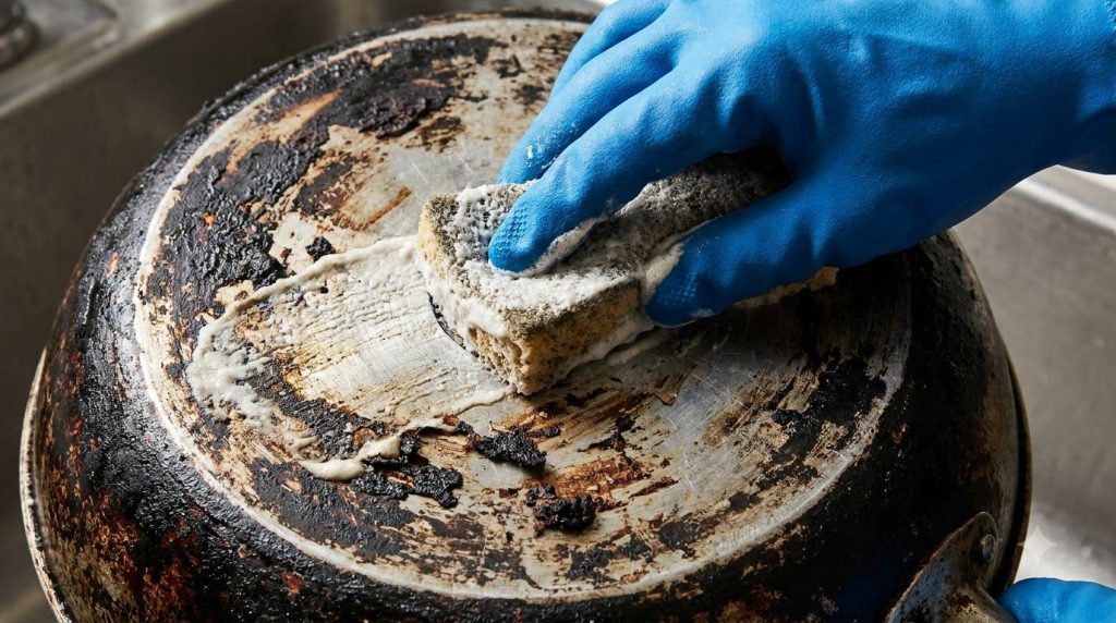 A hand scrubbing a burnt pan with a sponge and the homemade cleaning paste showing some of the burnt residue lifting awa