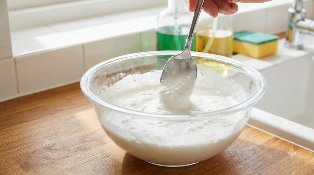 A close-up of the homemade cleaning solution being mixed in a bowl showing a frothy white paste with a spoon