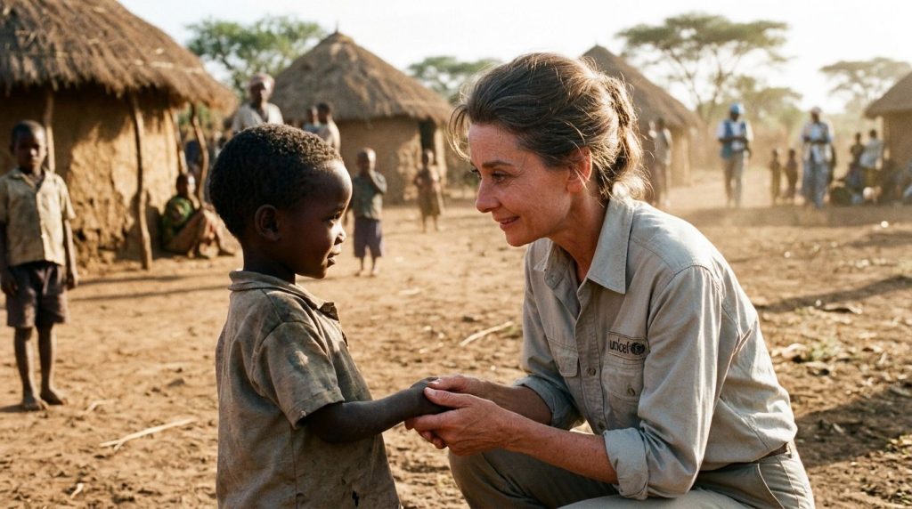 Audrey Hepburn as a UNICEF Goodwill Ambassador interacting warmly with children in a developing country