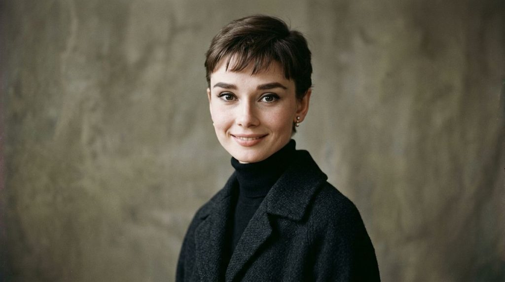 Audrey Hepburn in a classic pose from her early acting career perhaps from Roman Holiday or Sabrina