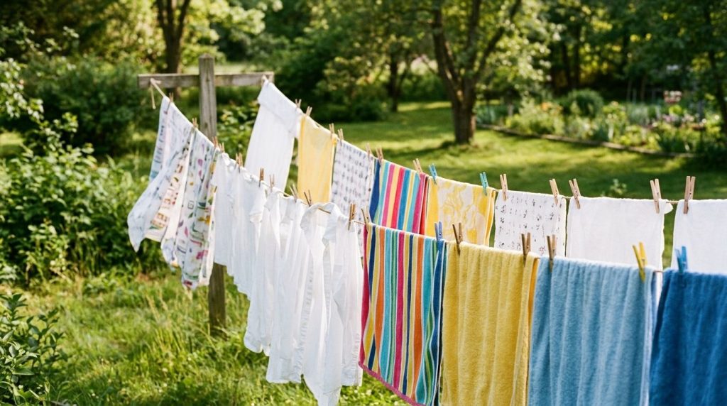 Clean bright white and colored laundry hanging on a clothesline in a sunny outdoor setting symbolizing the success of th