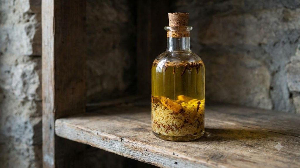 Close-up of a glass bottle filled with baby oil and various natural ingredients like rice turmeric flax seeds and cloves