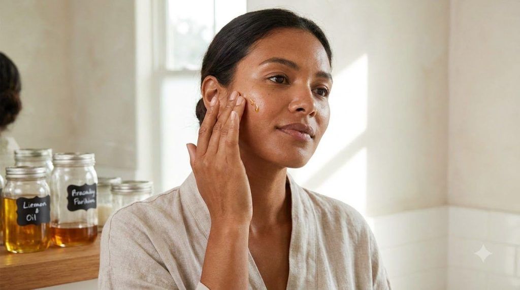 A woman gently massaging a few drops of the homemade baby oil toner onto her clean face with a soft radiant glow on her