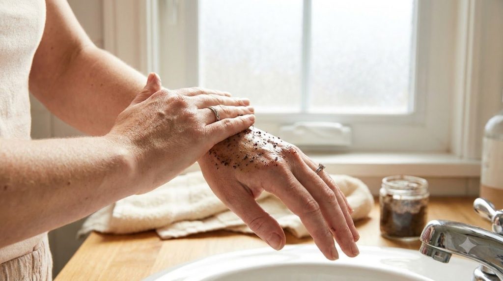A woman gently massaging a coffee and Vaseline blend onto her hand for exfoliation