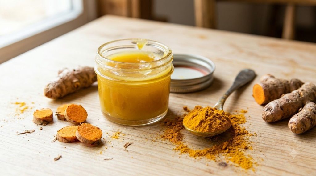 A small glass jar with Vaseline mixed with turmeric powder next to a spoon with turmeric powder and fresh turmeric root 