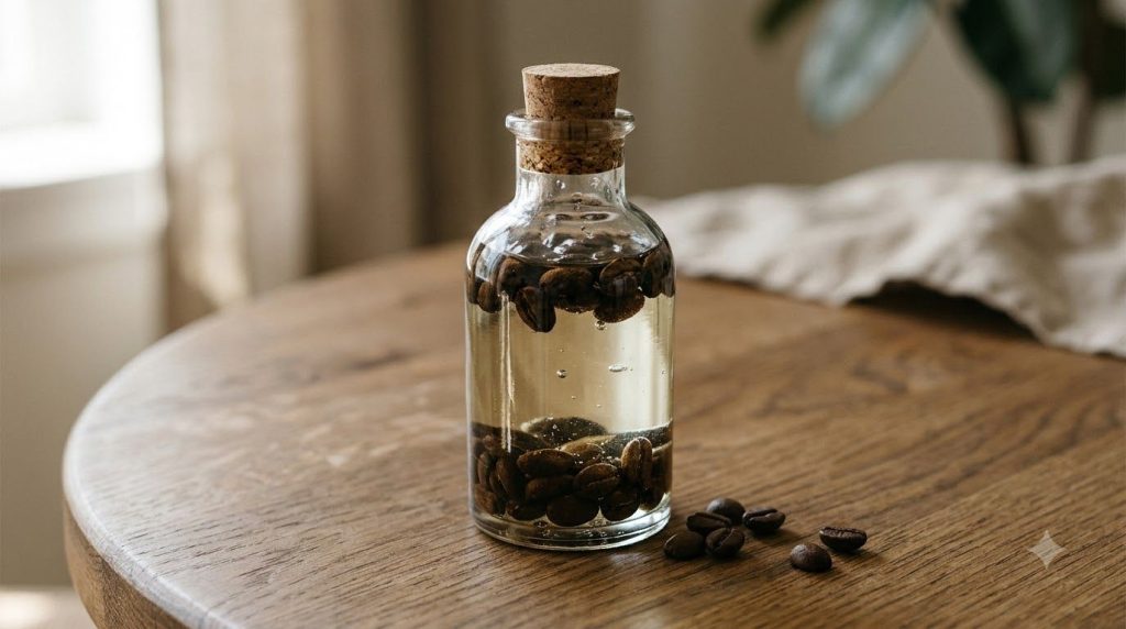 A clear glass bottle filled with baby oil and whole coffee beans sitting on a wooden surface