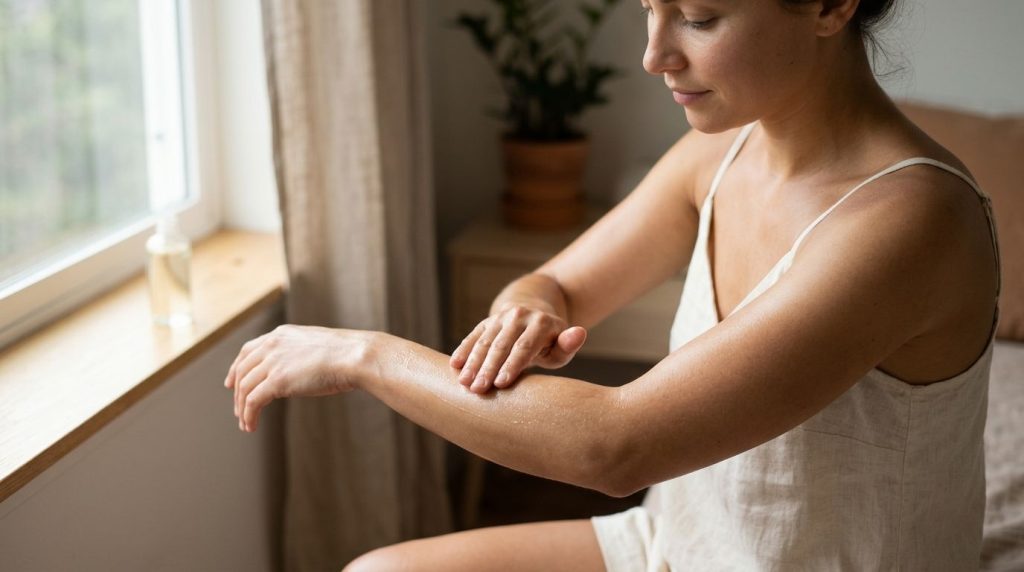 A woman applying baby oil to her arm showcasing smooth hydrated skin