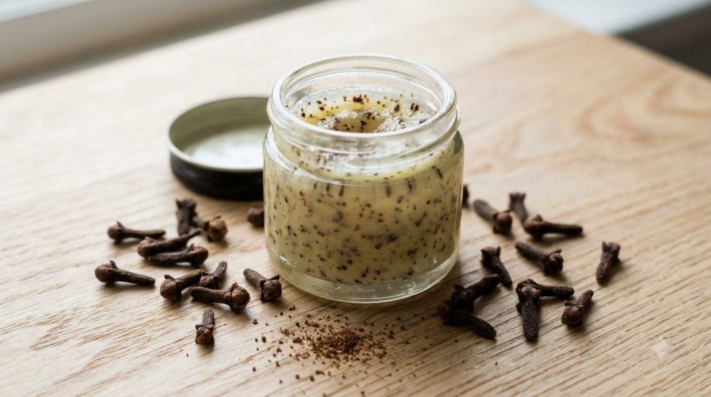 A small glass jar with Vaseline mixed with ground cloves next to whole cloves