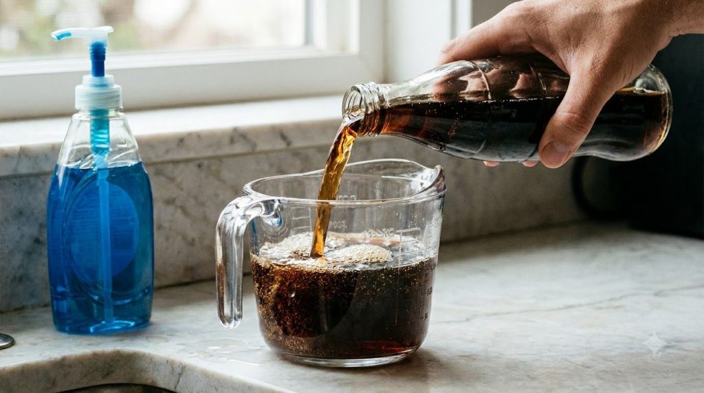Close-up of a hand pouring dark cola into a measuring jug next to a bottle of dish soap