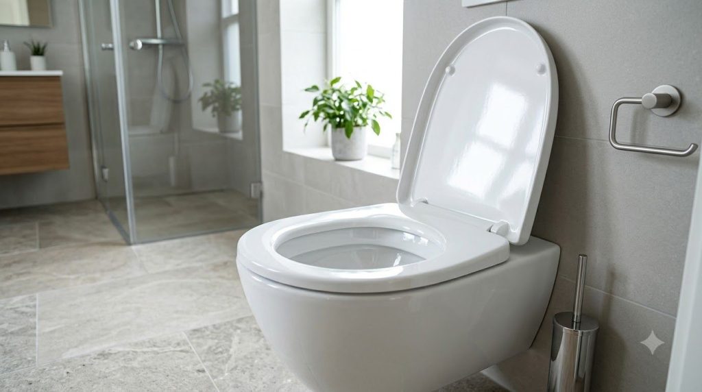 A pristine sparkling white toilet bowl after cleaning with light reflecting off the ceramic