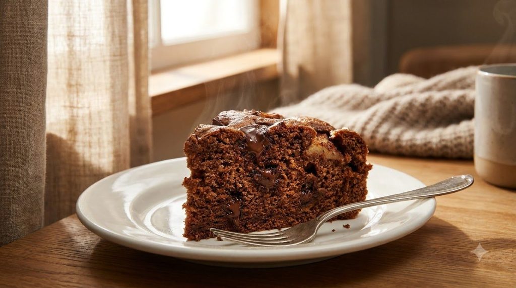 A delicious freshly baked apple chocolate cake slice on a plate with a fork next to it showing its moist texture and ric