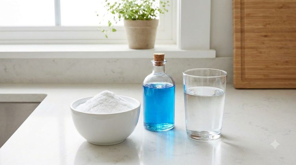 Ingredients for homemade oven cleaner laid out on a kitchen counter a bowl of baking soda a bottle of dish soap and a gl