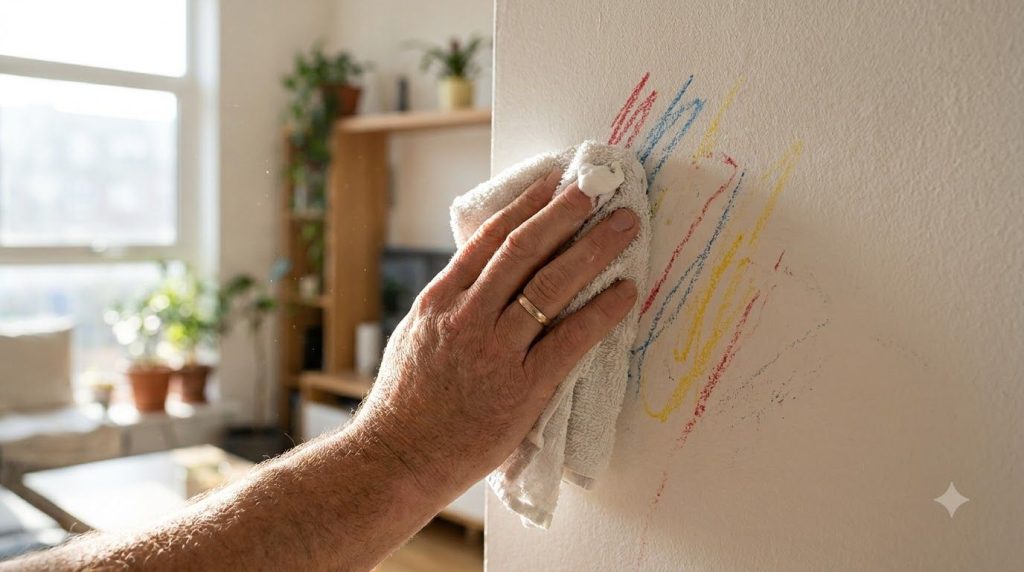 A hand gently scrubbing crayon marks off a white wall with a soft cloth dipped in a paste of baking soda and toothpaste