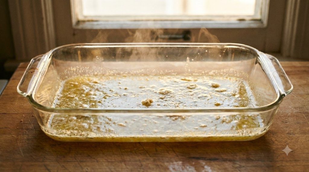 Melted butter coating the bottom of a rectangular glass baking dish