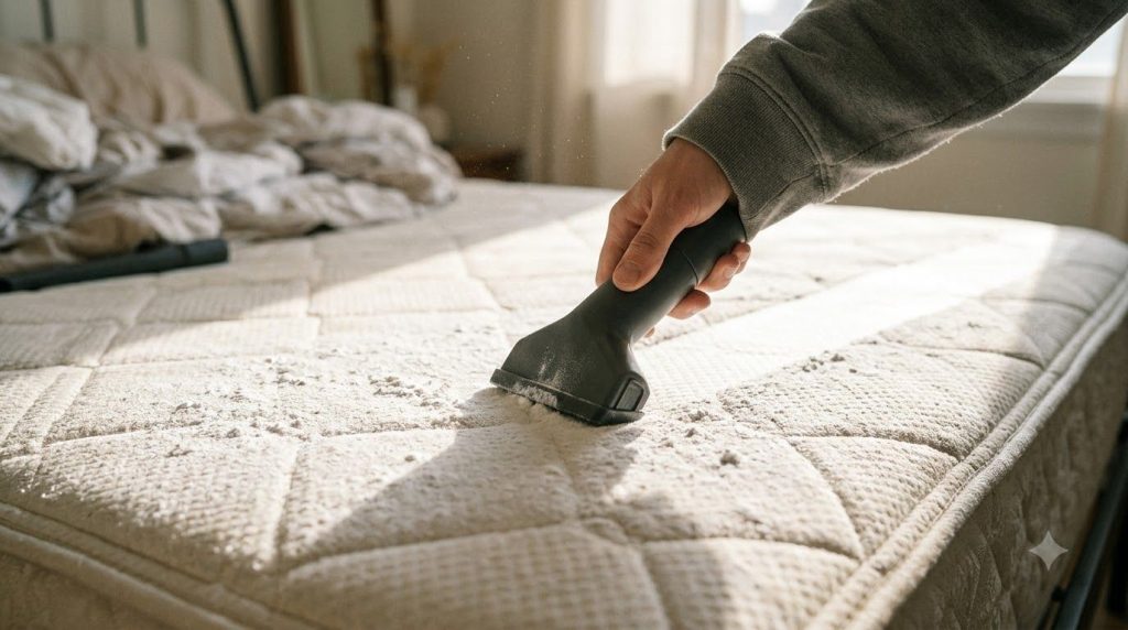 A hand holding a vacuum cleaner attachment over a mattress covered in baking soda