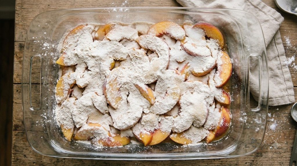 Dry ingredients sprinkled over peaches in a baking dish