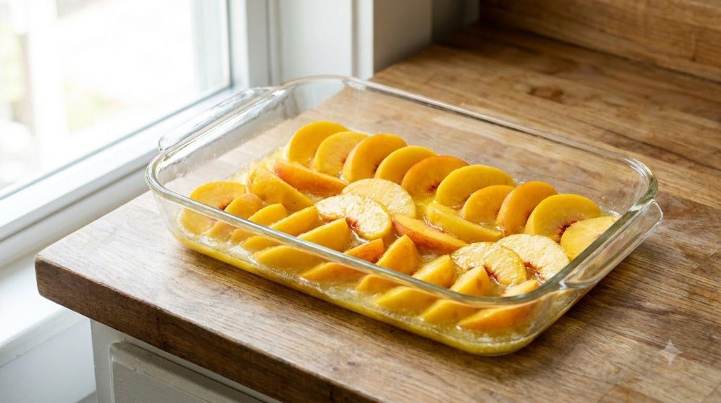 Peaches spread in the baking dish over melted butter