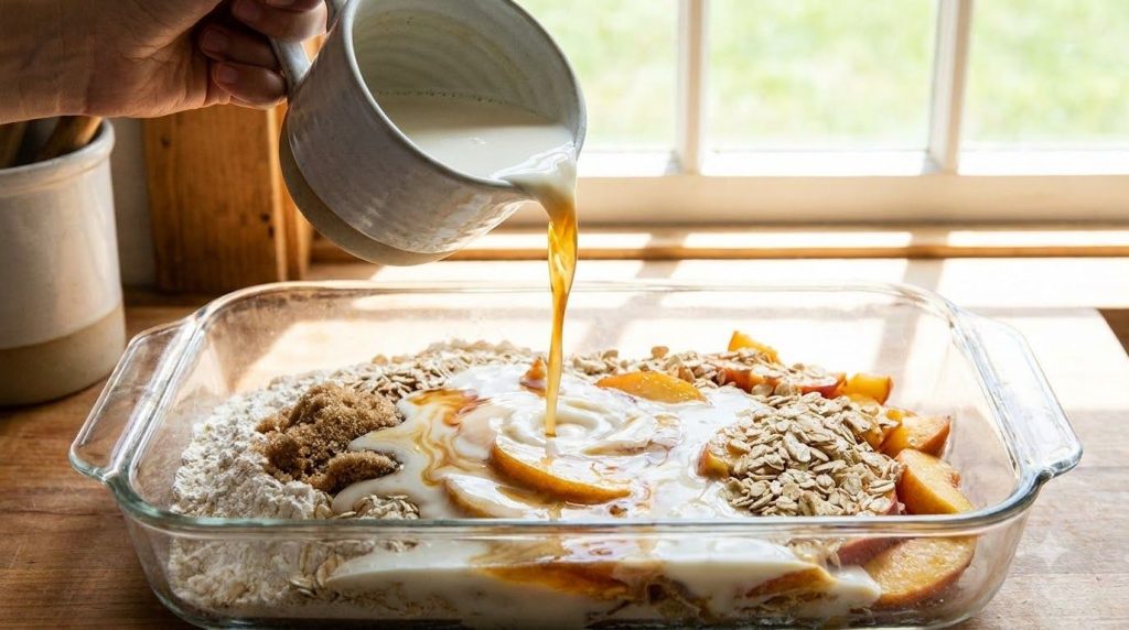 Milk and vanilla being poured over dry ingredients and peaches in a baking dish