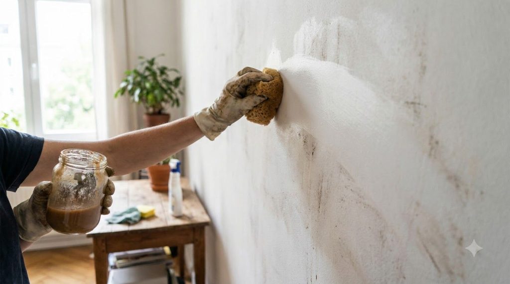 Una persona usando un paño o esponja para aplicar una solución limpiadora en una pared blanca sucia mostrando el proceso