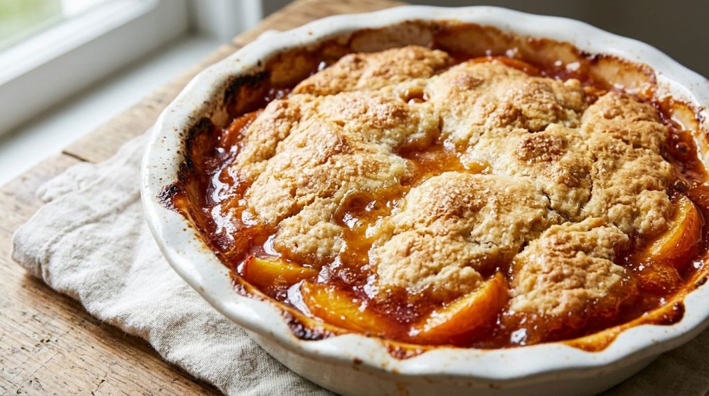 Freshly baked easy no-bowl peach cobbler hot and bubbling with a golden-brown crust