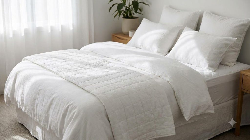A freshly cleaned mattress with bright new bedding illuminated by soft natural light conveying a sense of freshness and 