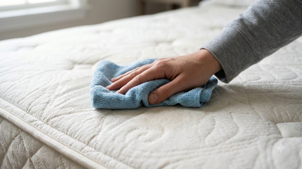 A person s hand gently wiping a cleaned section of a mattress with a damp clean microfiber cloth demonstrating the rinsi