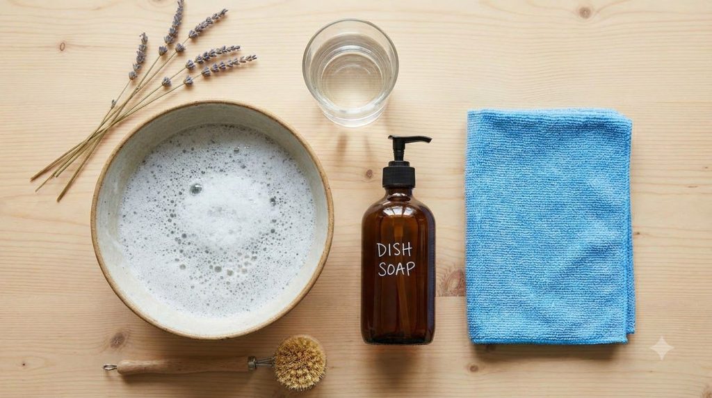 Cleaning supplies for mattress cleaning laid out a bowl of sudsy water a glass of plain water a bottle of dish soap and 