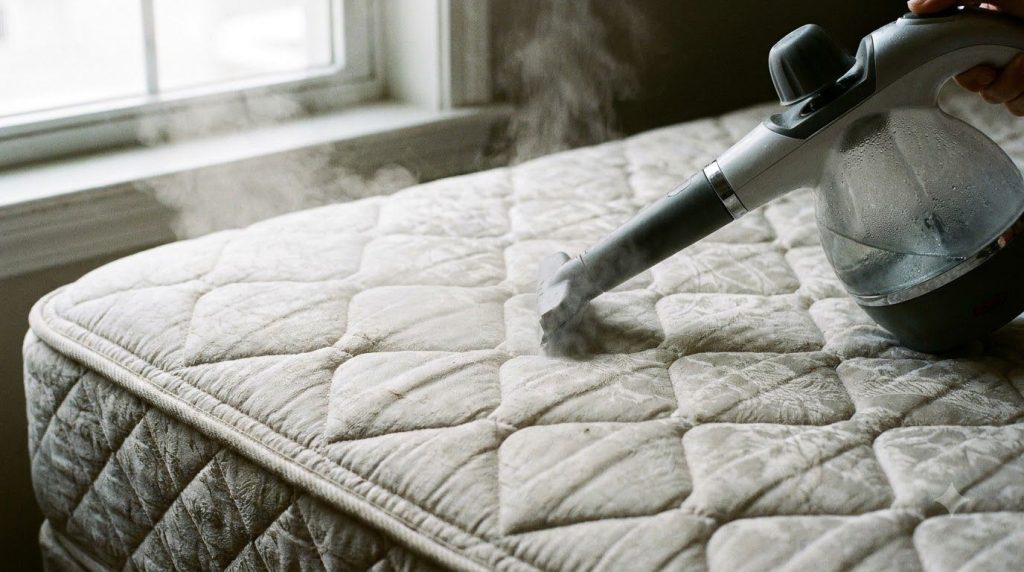 Handheld steam cleaner being used on a mattress surface