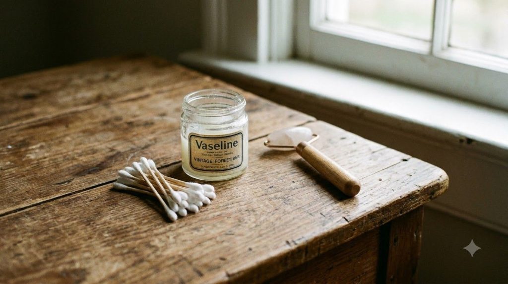A collection of small everyday beauty items on a wooden surface including a jar of Vaseline cotton swabs and a small fac