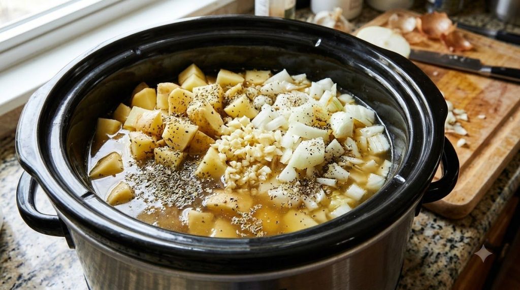 Potatoes onions garlic broth and seasonings in a slow cooker before cooking