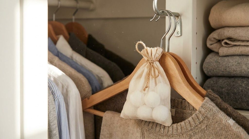 Bolas de naftalina dentro de una pequeña bolsa de tela transpirable colgada en el interior de un armario lleno de ropa p