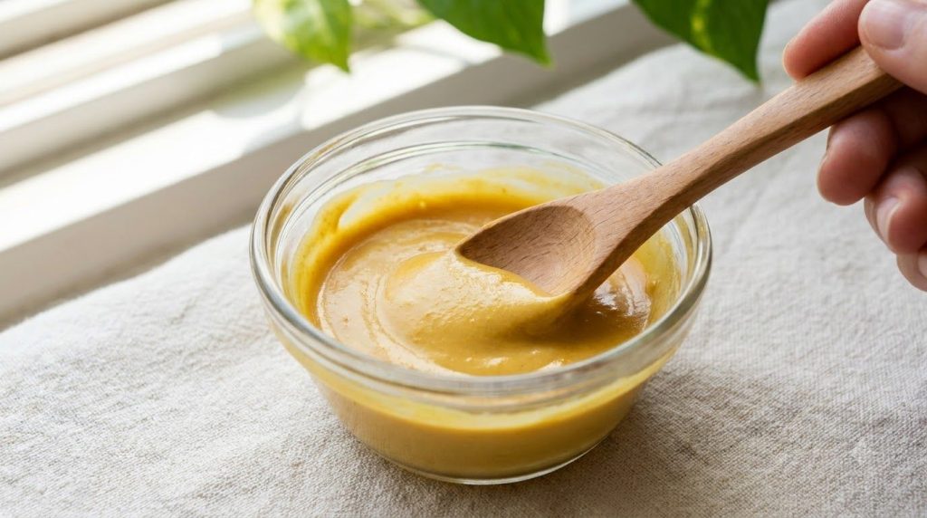 A close-up of a small glass bowl containing the freshly mixed yellow turmeric Vaseline and baby oil mask with a spoon re