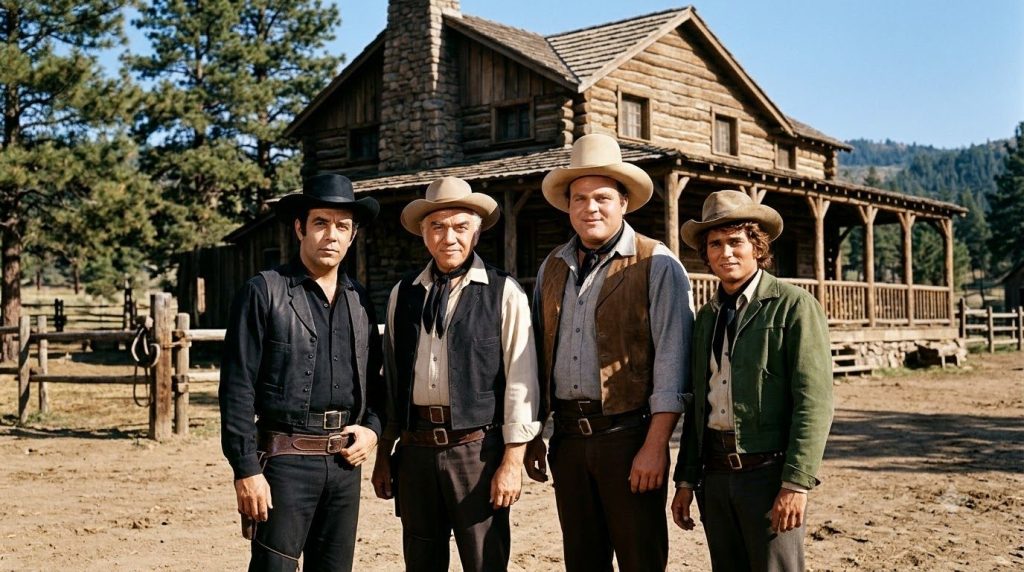 A group photo of the main cast of Bonanza Lorne Greene as Ben Pernell Roberts as Adam Dan Blocker as Hoss and Michael La