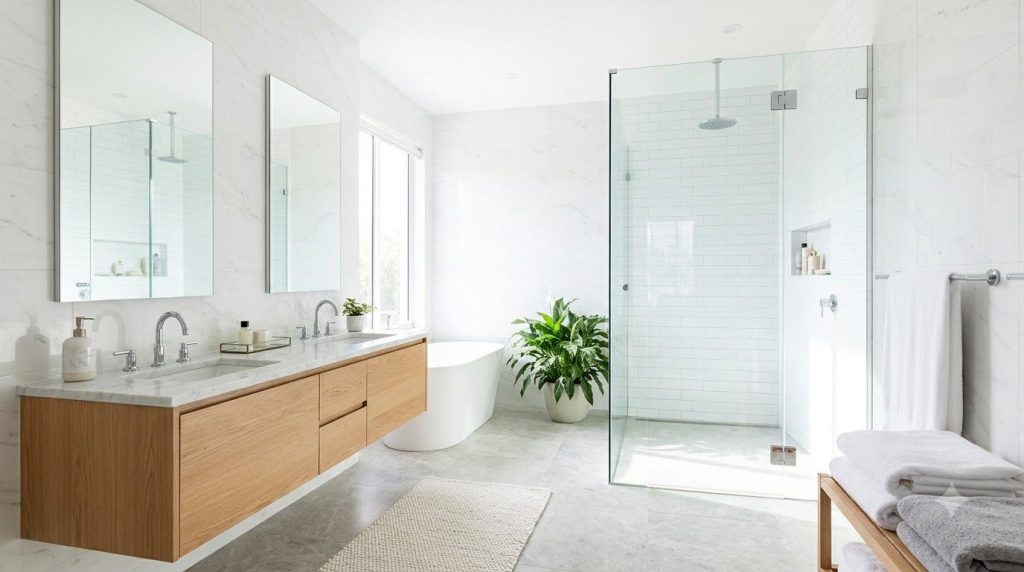 A sparkling clean and organized modern bathroom with bright white tiles a clean sink and a clear shower enclosure reflec