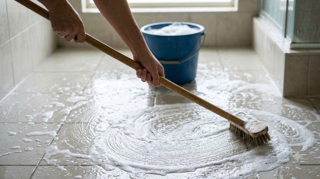 A person scrubbing a tiled bathroom floor with a long-handled brush and a bucket of cleaning mixture with suds on the ti