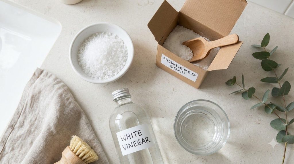 Ingredients for the homemade cleaning mixture salt powdered soap or detergent white vinegar and water arranged on a bath